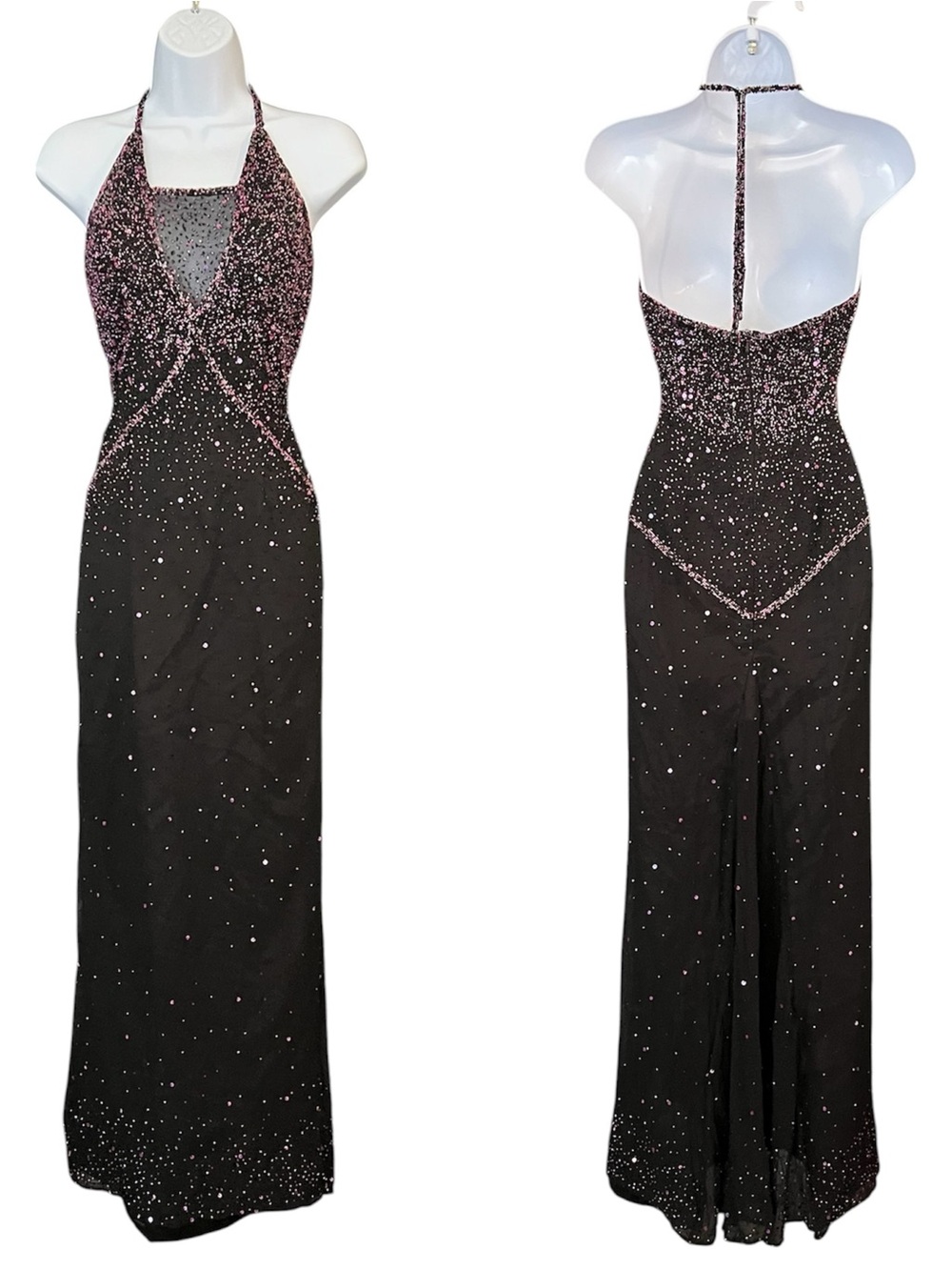 Vintage 90s Y2K Scala Silk Sheer Mesh Beaded Sequin Formal Prom HOCO Maxi Dress